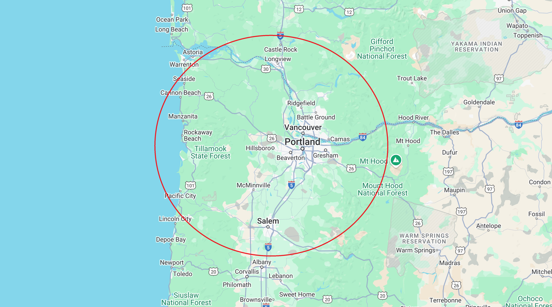 A map of our service area, approximately 60 mile radius from Hillsboro, OR